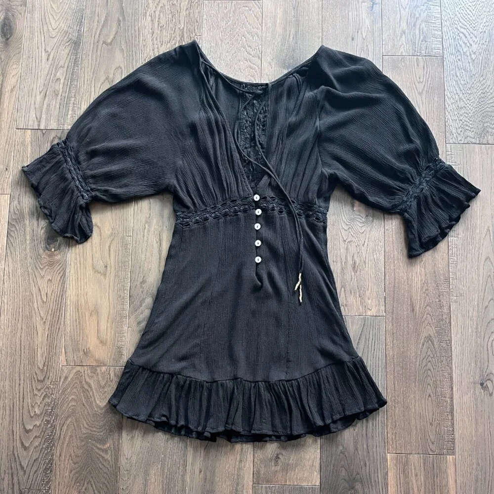 Free People The Emilie Mini Dress Black Size XS Boho Style Ruffles